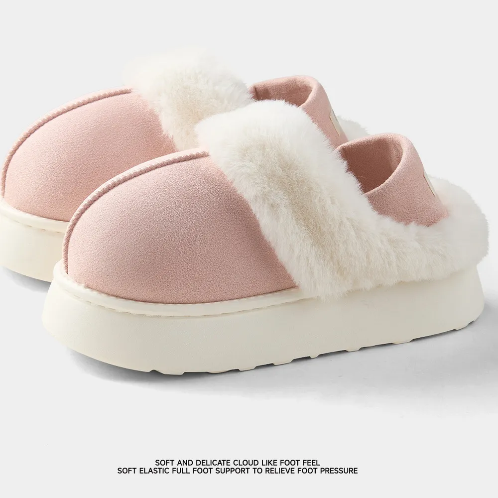 Pantufas femininas de plataforma em camurça sintética para uso interno no outono e inverno, forradas com lã, quentes, com sola grossa e antiderrapante._voghion.com