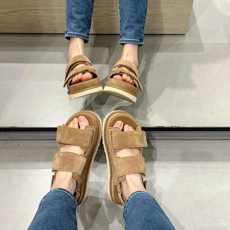 Women Suede Double Platform Sandals Adjustable Hook And Loop Ankle Strap Open Toe Non Slip Thick Sole Casual Summer Flat_voghion.com