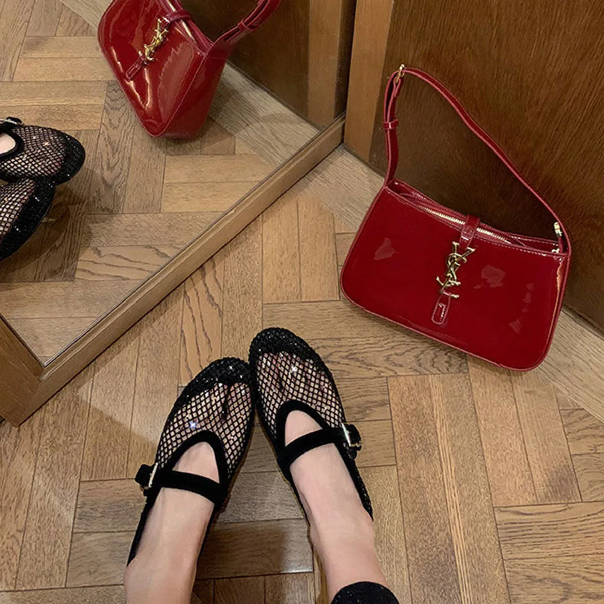 Women's Shiny Buckle Strap Gypsophila Ballet Shoes Height-Increasing Breathable Sandals_voghion.com