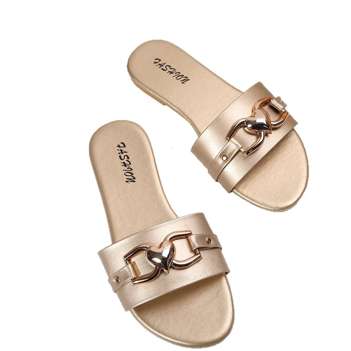 Women's Metallic Chain Flat Slides Elegant Summer Slip On Sandals Ladies' Slippers Classic Versatile Solid Color Metal_voghion.com