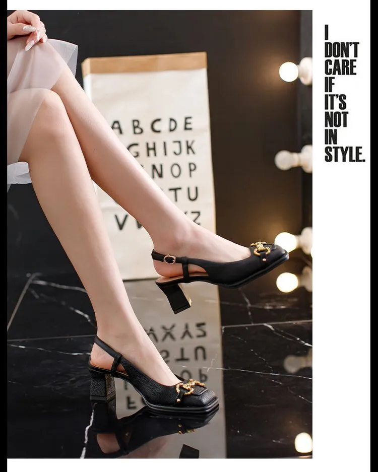 Women's Green Leather Square Toe Sandals With Metal Buckle_voghion.com