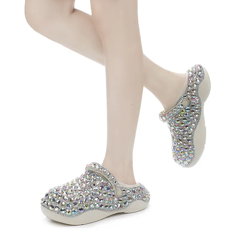 Women’s Green Rhinestone Platform Clogs Sparkly Diamond Mules_voghion.com