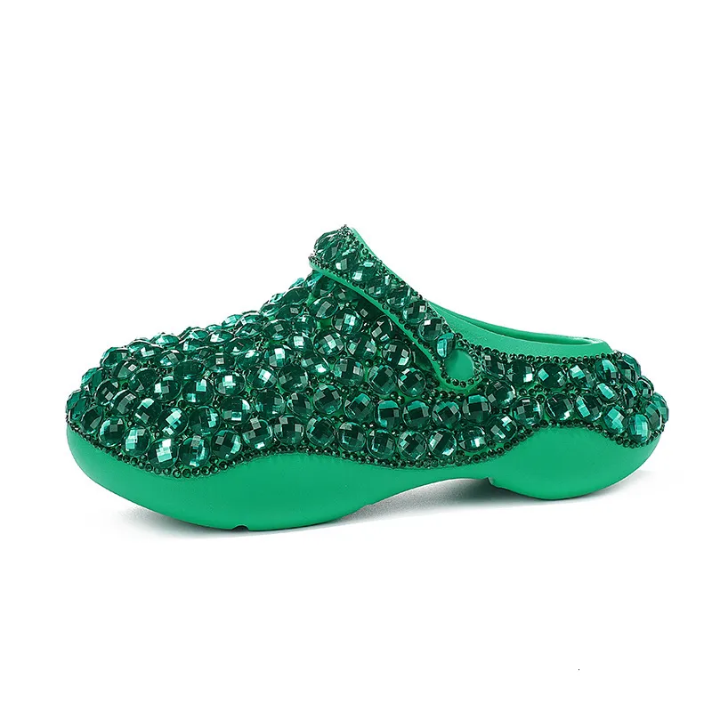Women Green Bling Rhinestone Platform Clogs Sparkly Diamond Backless Slip On Waterproof Casual Mule Garden Slippers_voghion.com