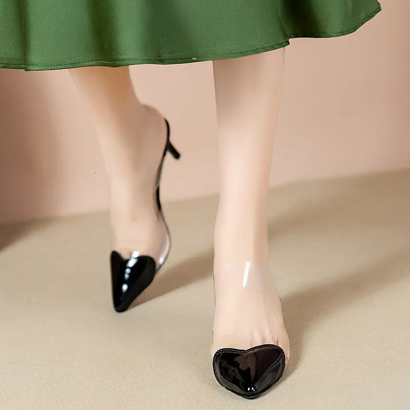 Women Patent Pointed Toe Clear Strap Mules Black Transparent PVC Kitten Heel Backless Slip On Elegant Summer Slide_voghion.com