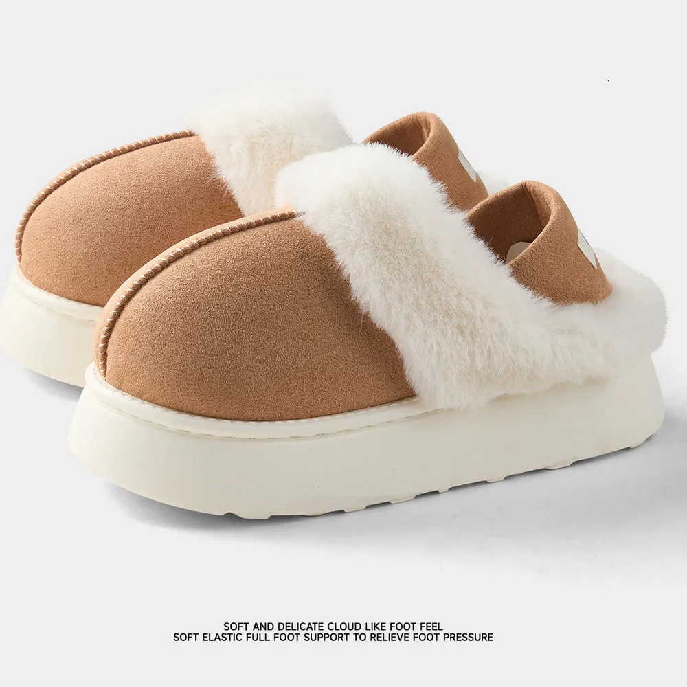 Pantufas femininas de plataforma em camurça sintética para uso interno no outono e inverno, forradas com lã, quentes, com sola grossa e antiderrapante._voghion.com
