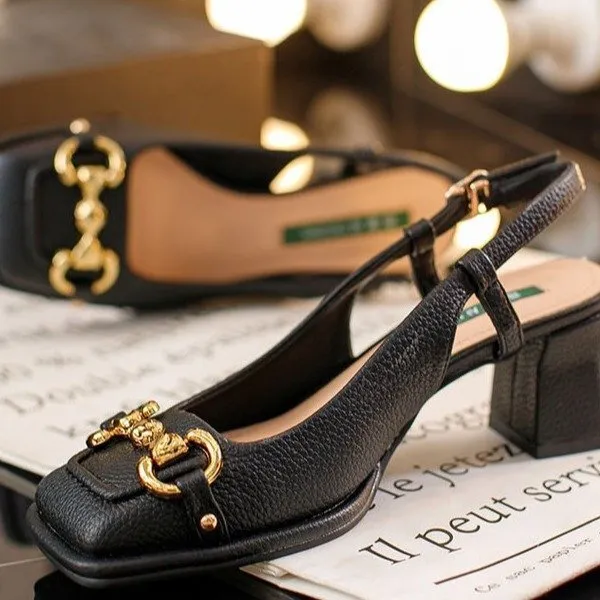 Women's Green Leather Metal Buckle Plus Size Retro Square Toe High Sandals For Women New Style Horsebit Chunky Single_voghion.com
