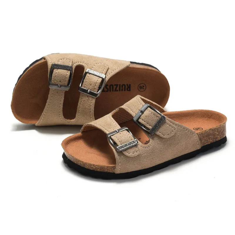 sandals Double Buckle Strap Footbed Slide Sandals Suede Adjustable Flat Summer Casual Beach Cork Slippers_voghion.com
