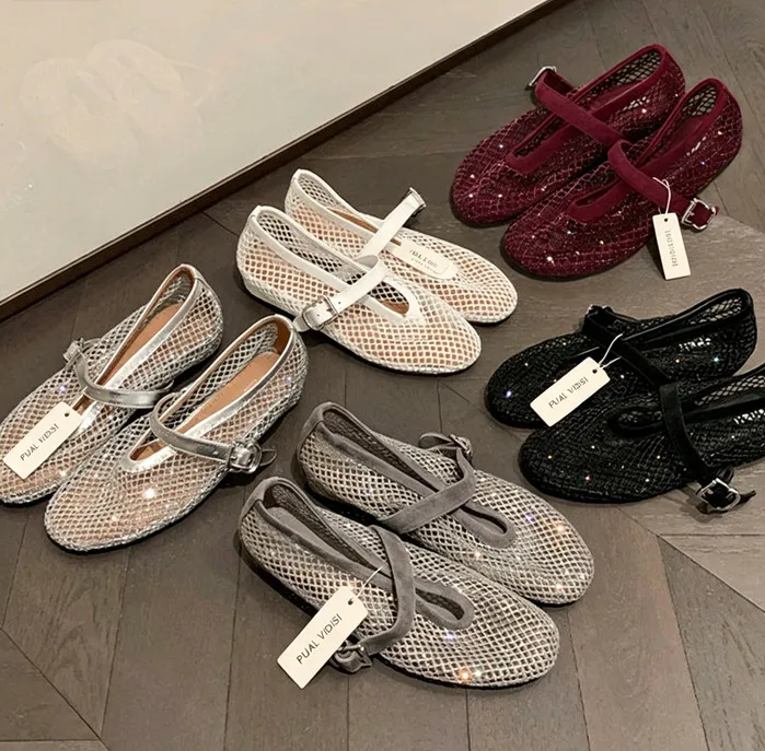 Women's Shiny Buckle Strap Gypsophila Ballet Shoes Height-Increasing Breathable Sandals_voghion.com