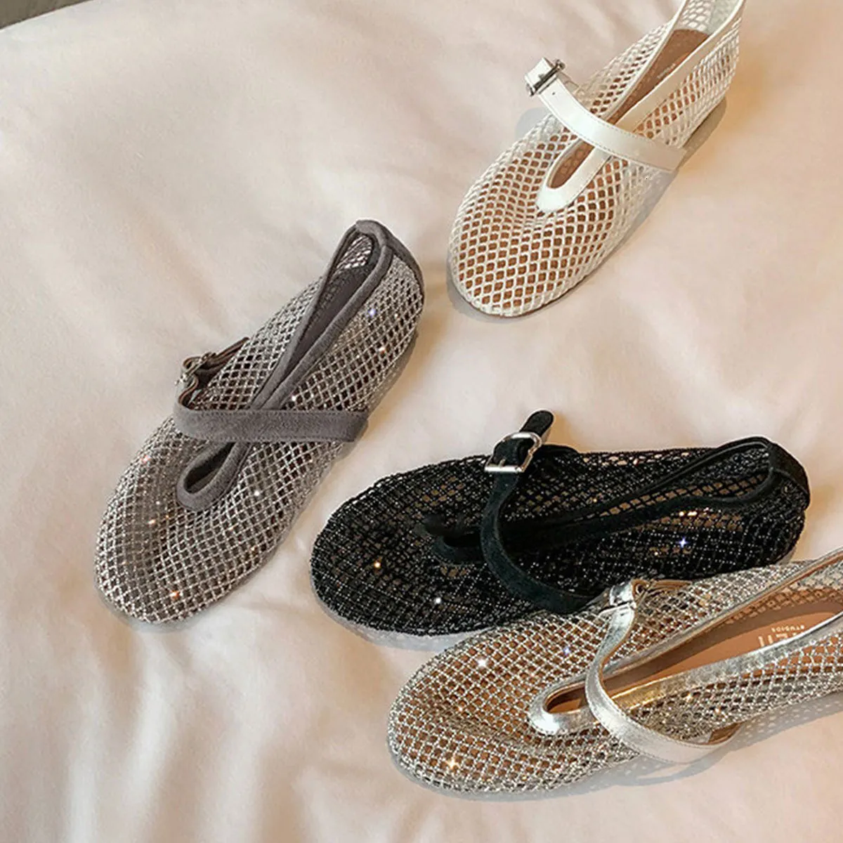 Women's Shiny Buckle Strap Gypsophila Ballet Shoes Height-Increasing Breathable Sandals_voghion.com