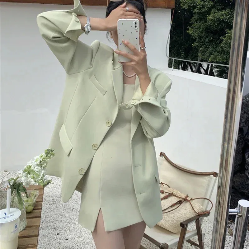 blazer dress korean style Loose Fit Basics Dress, Solid Color, Notched Lapel, Single-Breasted with Button, Straight Pocket, Casual Suspender Skirt Suit RAIL1A