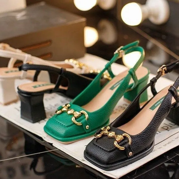 Women's Green Leather Metal Buckle Plus Size Retro Square Toe High Sandals For Women New Style Horsebit Chunky Single_voghion.com