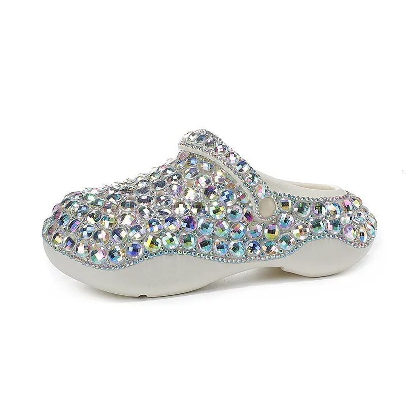 Women Green Bling Rhinestone Platform Clogs Sparkly Diamond Backless Slip On Waterproof Casual Mule Garden Slippers_voghion.com