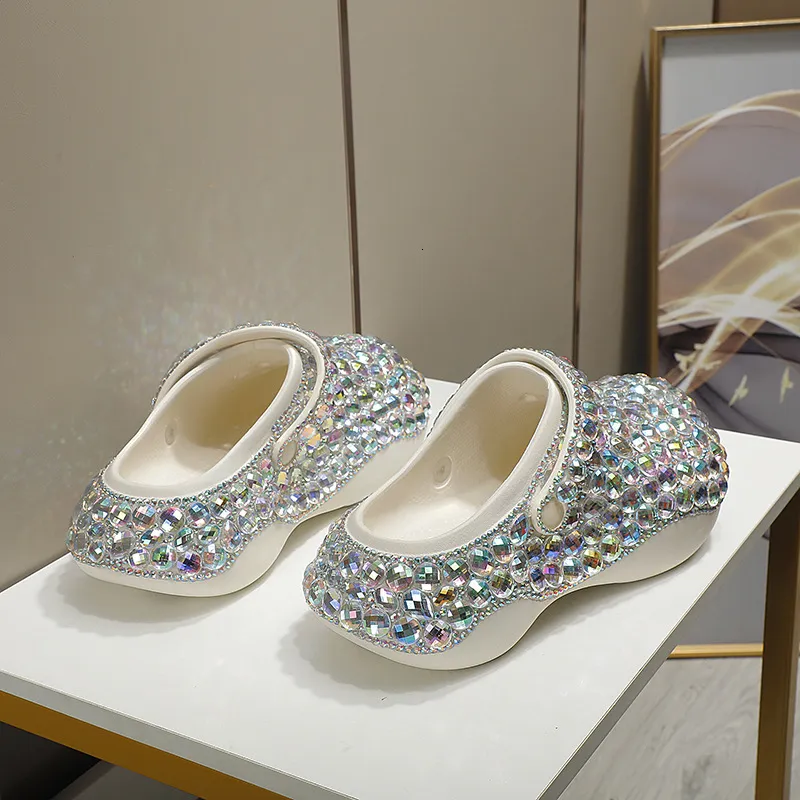 Women’s Green Rhinestone Platform Clogs Sparkly Diamond Mules_voghion.com