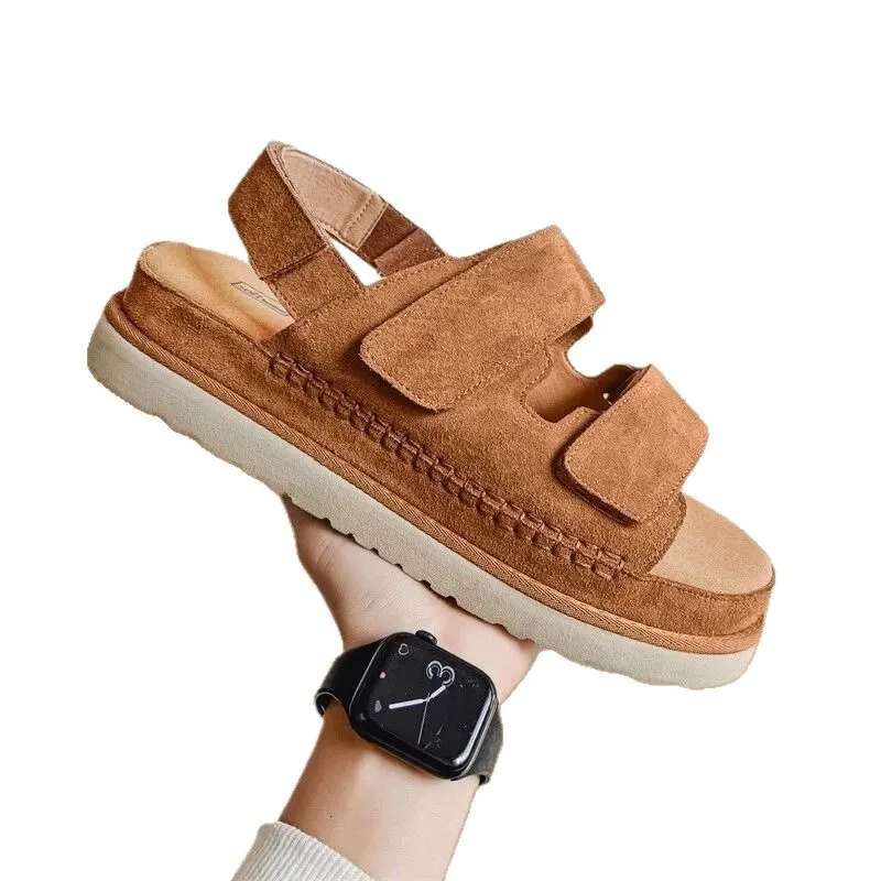 Women Suede Double Platform Sandals Adjustable Hook And Loop Ankle Strap Open Toe Non Slip Thick Sole Casual Summer Flat_voghion.com