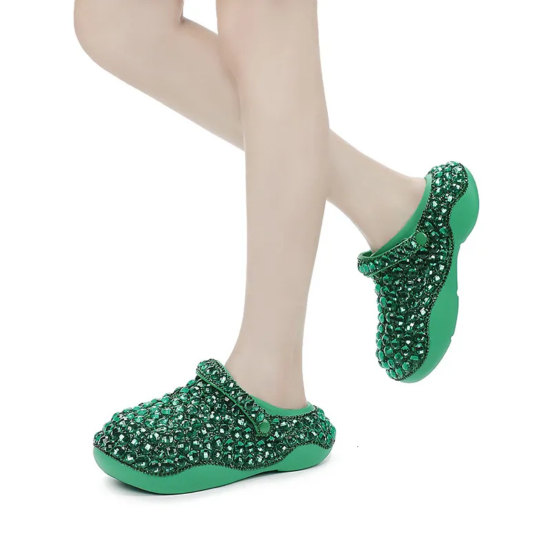 Women’s Green Rhinestone Platform Clogs Sparkly Diamond Mules_voghion.com