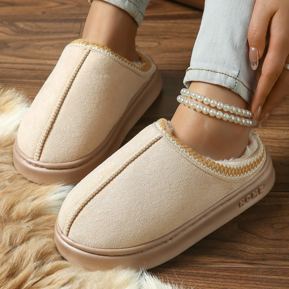 Women Brown Fuzzy Lined Platform Slippers Faux Suede Embroidery Edge Closed Toe Warm Plush Winter Indoor Outdoor House_voghion.com