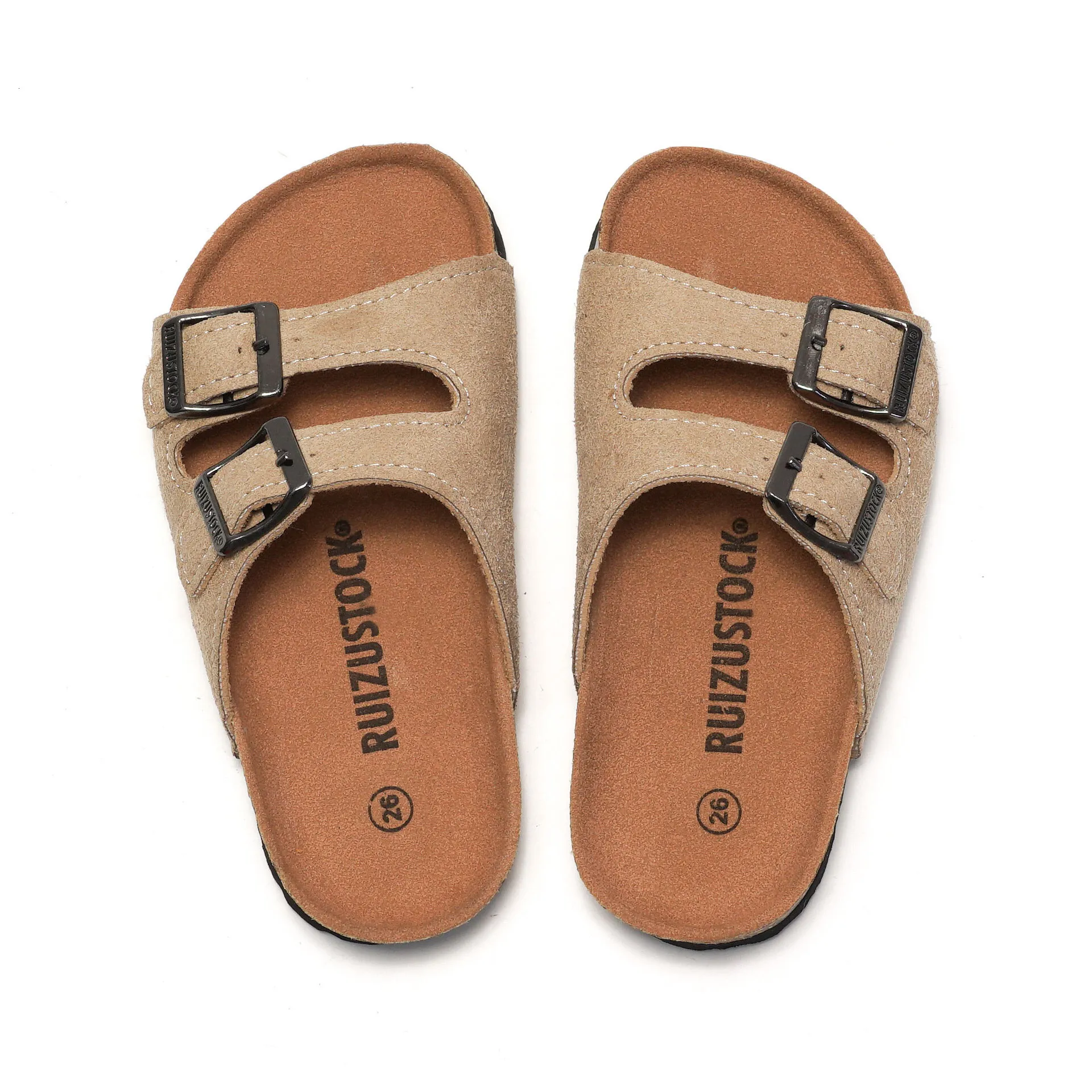 sandals Double Buckle Strap Footbed Slide Sandals Suede Adjustable Flat Summer Casual Beach Cork Slippers_voghion.com