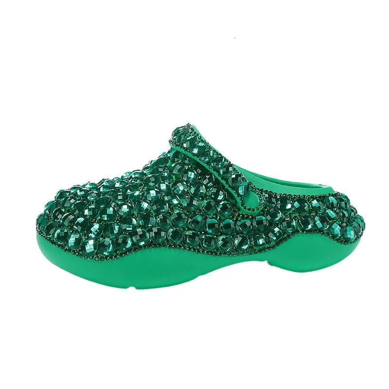 Women Green Bling Rhinestone Platform Clogs Sparkly Diamond Backless Slip On Waterproof Casual Mule Garden Slippers_voghion.com