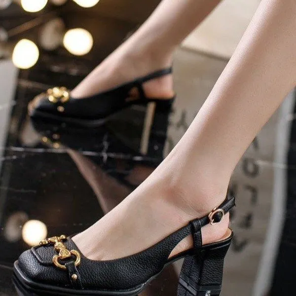Women's Green Leather Metal Buckle Plus Size Retro Square Toe High Sandals For Women New Style Horsebit Chunky Single_voghion.com
