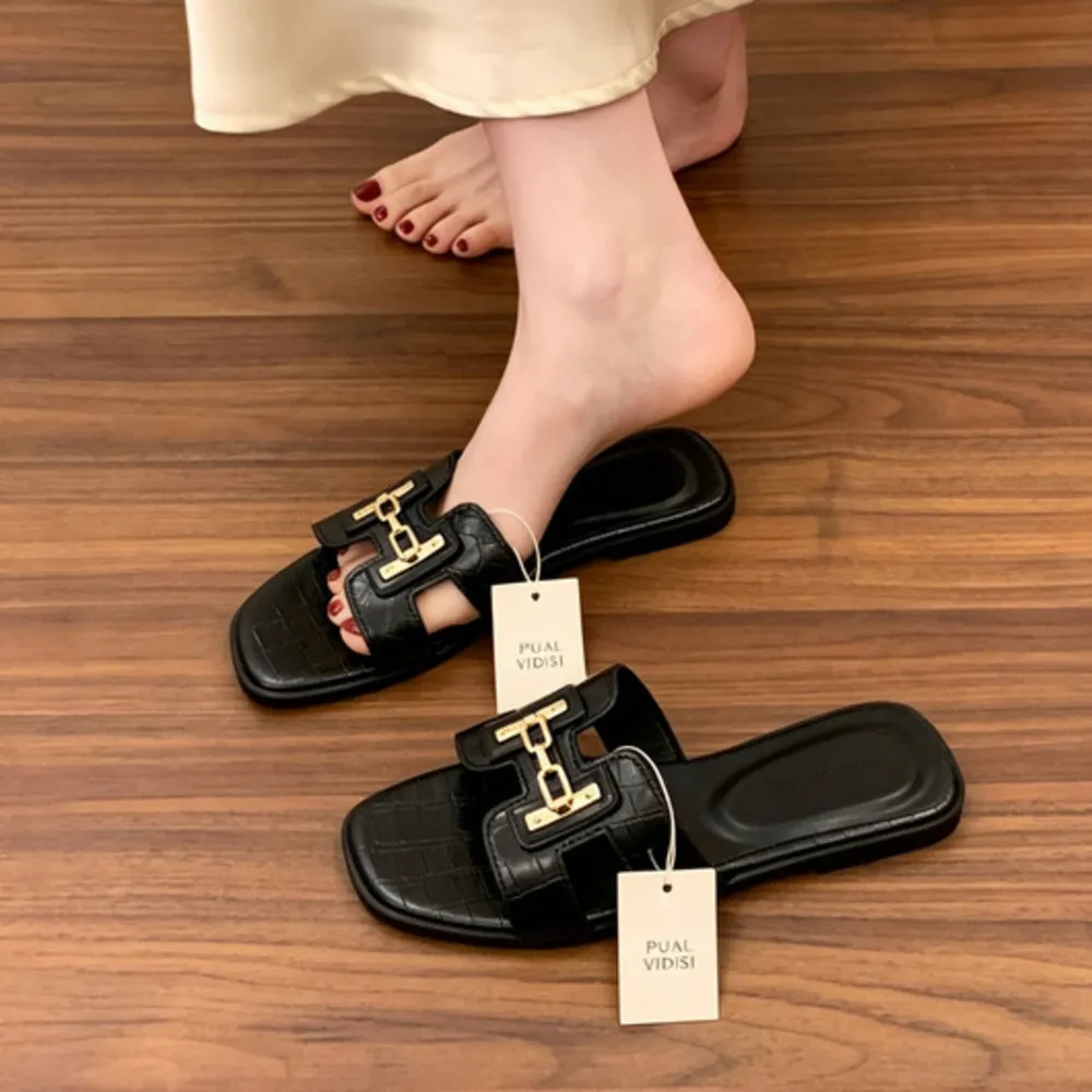 Women's Square Toe Slides Metal Buckle Casual Plus Size Summer New Versatile One Strap Slippers For Women Beach Outdoor_voghion.com