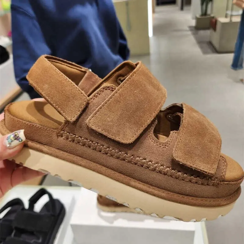 Women Suede Double Platform Sandals Adjustable Hook And Loop Ankle Strap Open Toe Non Slip Thick Sole Casual Summer Flat_voghion.com