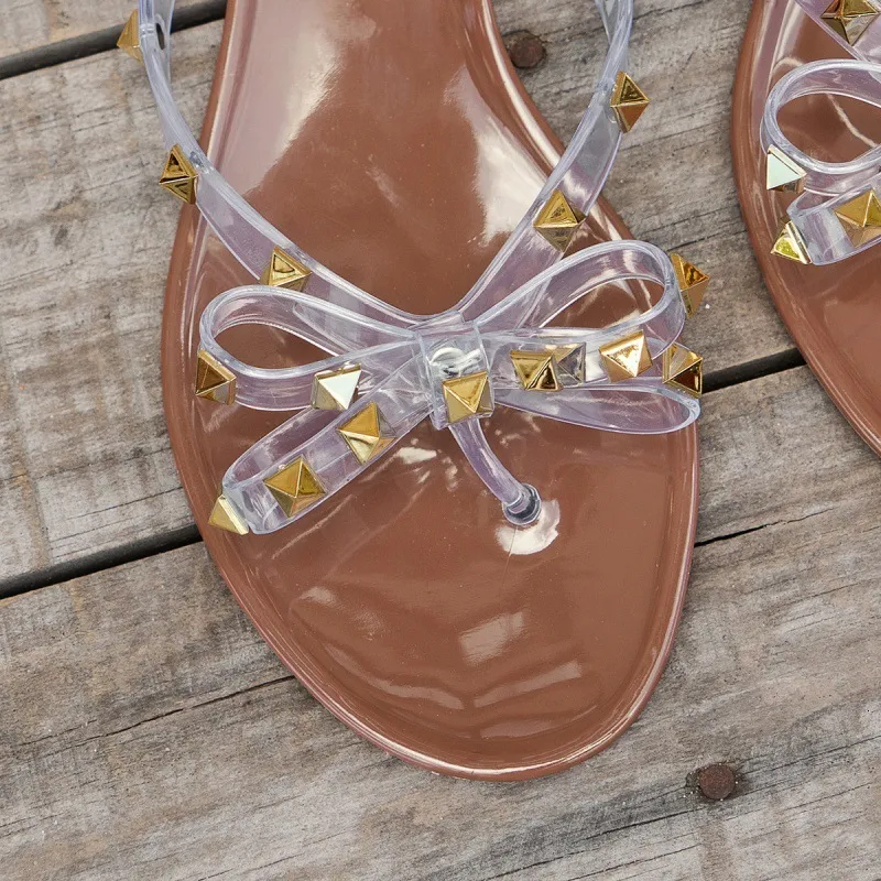Summer New Jelly Studded Flip-Flops Women Bowknot Fashion Flat Toe Post Sandals Casual Beach Shoes_voghion.com