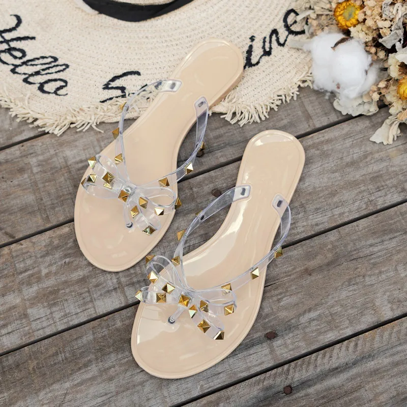 Women's Studded Jelly Flip Flops Bowknot Flat Beach Sandals_voghion.com