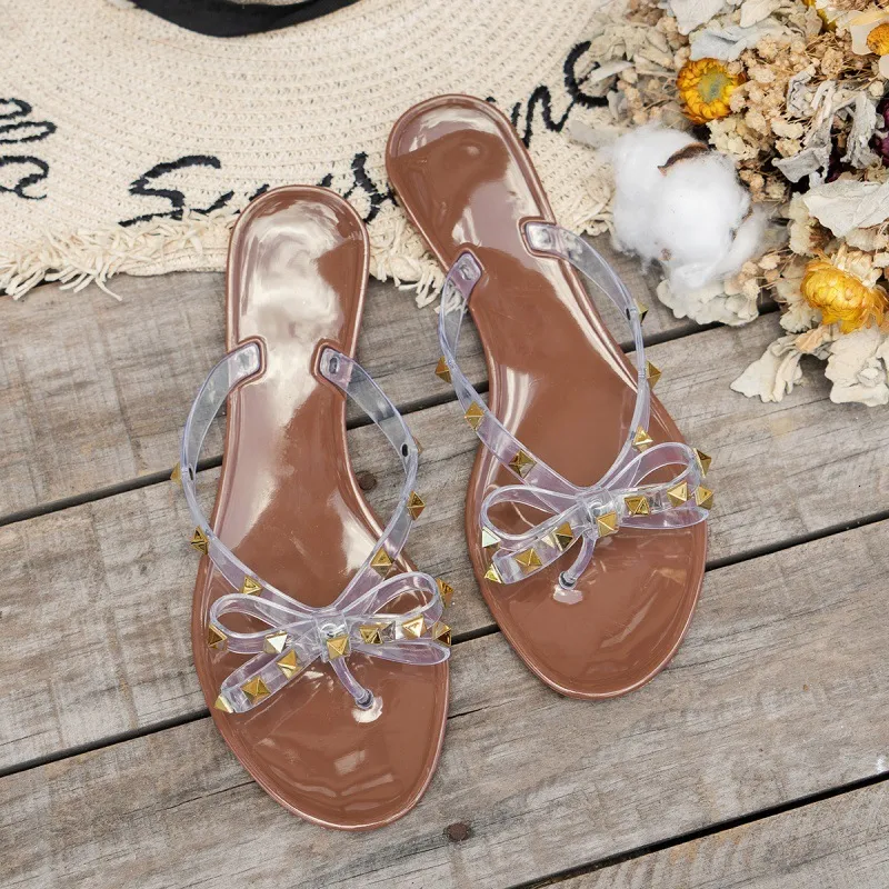 Summer New Jelly Studded Flip-Flops Women Bowknot Fashion Flat Toe Post Sandals Casual Beach Shoes_voghion.com