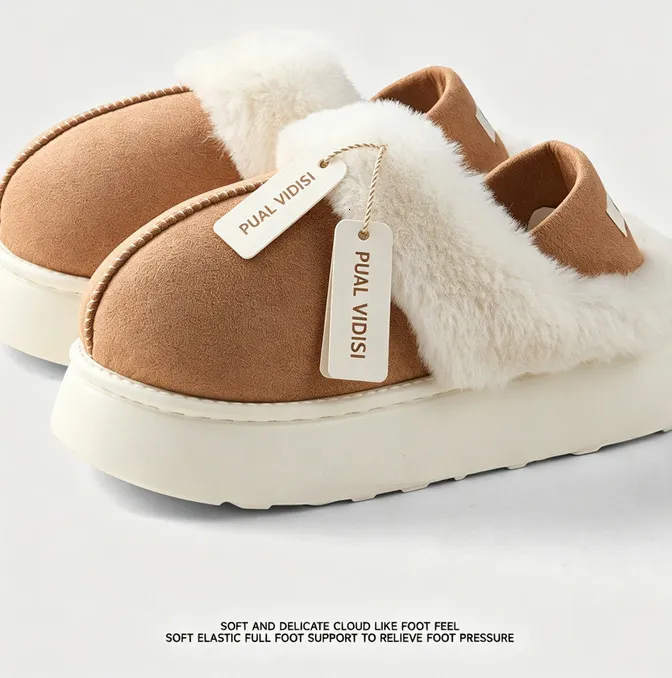 Pantufas femininas de plataforma em camurça sintética para uso interno no outono e inverno, forradas com lã, quentes, com sola grossa e antiderrapante._voghion.com