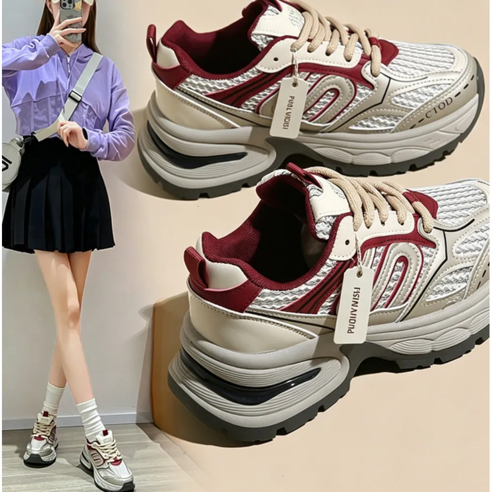 Women's Retro Chunky Sneakers Colorblock Platform Casual Shoes Autumn Student Sports Runnin Thick Sole Heiht_voghion.com
