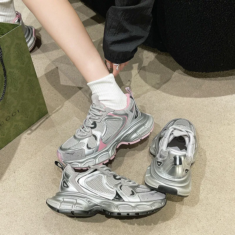 Women's Silver Pink Chunky Sneakers Metallic Mesh Platform Dad Height Increasing Wear-Resistant Versatile Lightweight_voghion.com