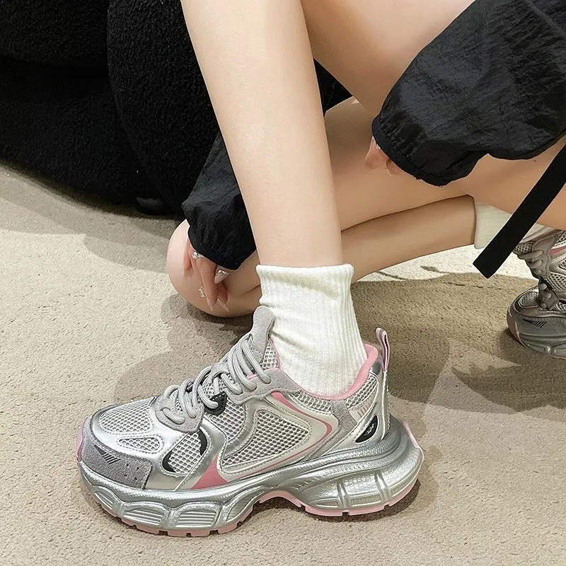 Women's Silver Pink Chunky Sneakers Metallic Mesh Platform Dad Height Increasing Wear-Resistant Versatile Lightweight_voghion.com