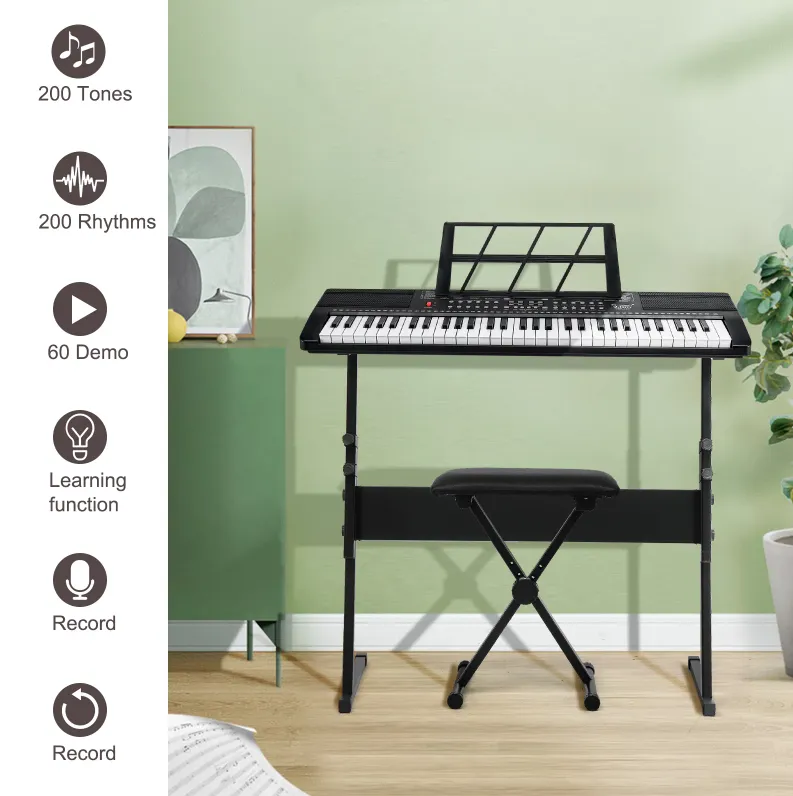 Piano Eléctrico De 61 Teclas – Multifuncional Con Micrófono, USB Y Función De Enseñanza – 16 Tonos Y 6 Ritmos – Ideal Para Niños Y Principiantes – Incluye Atril Y Pantalla Digital
