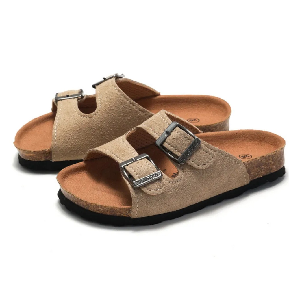 sandals Double Buckle Strap Footbed Slide Sandals Suede Adjustable Flat Summer Casual Beach Cork Slippers_voghion.com