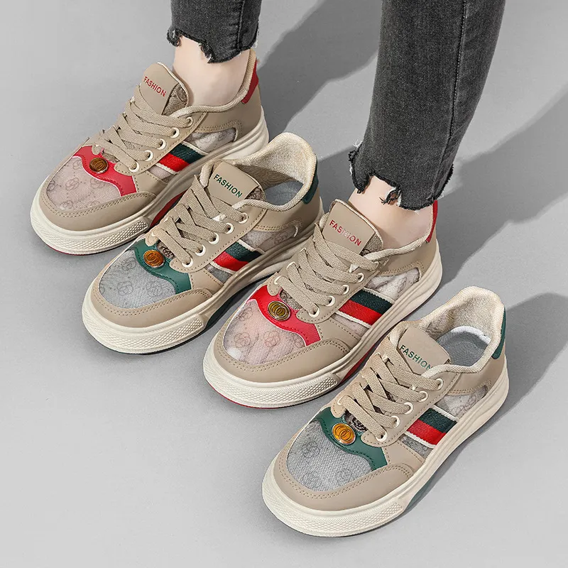 Damen-Skateschuhe mit Farbblock-Monogramm, Schnürung, lässige Retro-Sneaker aus Mesh, vielseitige Modelle für Damen_voghion.com