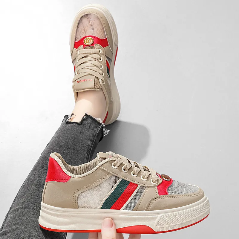 Damen-Skateschuhe mit Farbblock-Monogramm, Schnürung, lässige Retro-Sneaker aus Mesh, vielseitige Modelle für Damen_voghion.com