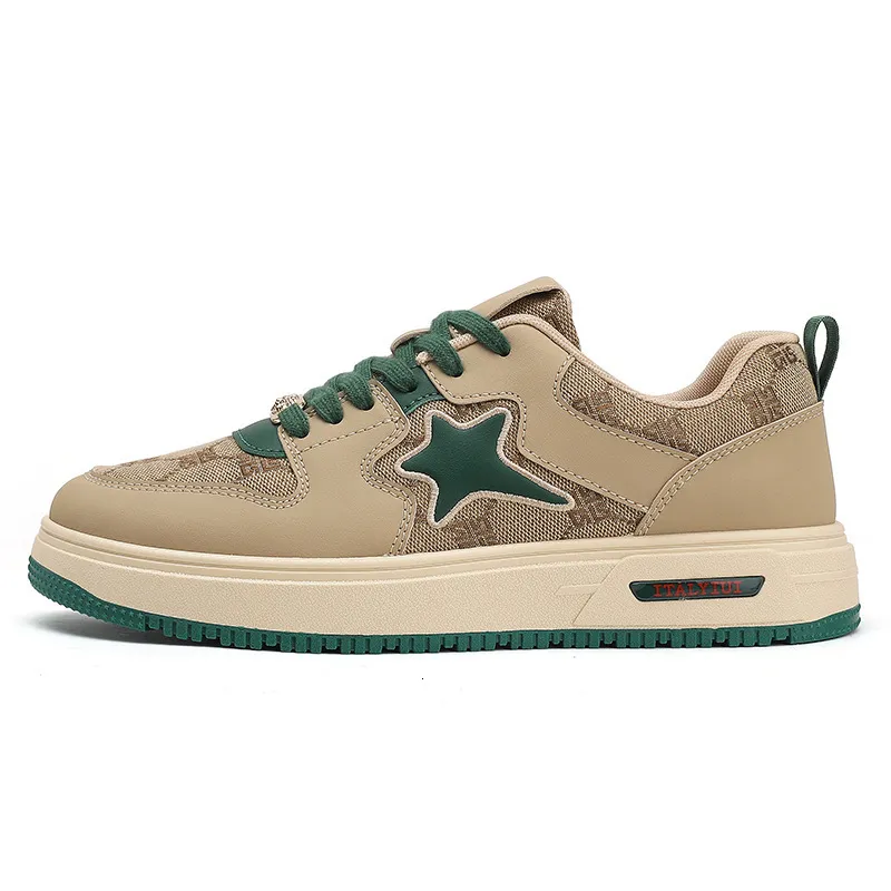 Khakigroene sneakers met sterrenmotief voor heren, retro vetersluiting, platformzool, plus size, nieuwe zomersportieve casual sneakers voor heren, origineel._voghion.com
