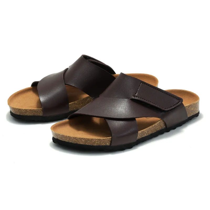 RUIZUSTOCK Luxury Slippers Cross Strap Hook And Loop Cork Footbed Slides Black Adjustable Open Toe Sandals_voghion.com