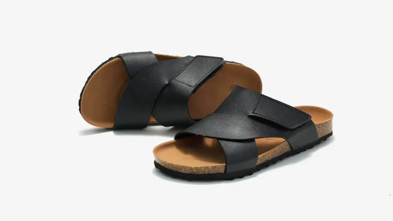 Luxury Cork Footbed Slides Cross Strap Adjustable Sandals Black_voghion.com