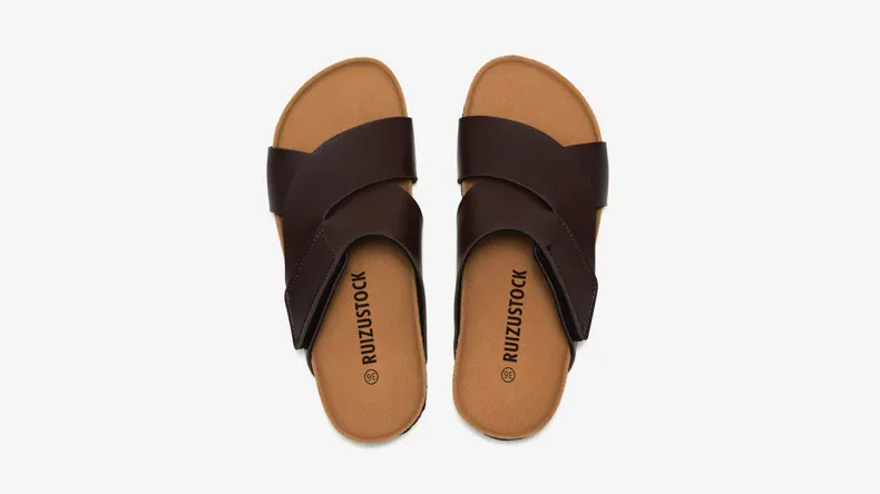 Luxury Cork Footbed Slides Cross Strap Adjustable Sandals Black_voghion.com