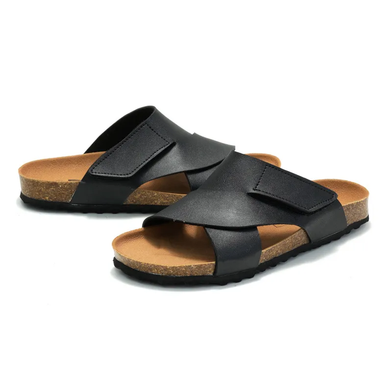 RUIZUSTOCK Luxury Slippers Cross Strap Hook And Loop Cork Footbed Slides Black Adjustable Open Toe Sandals_voghion.com