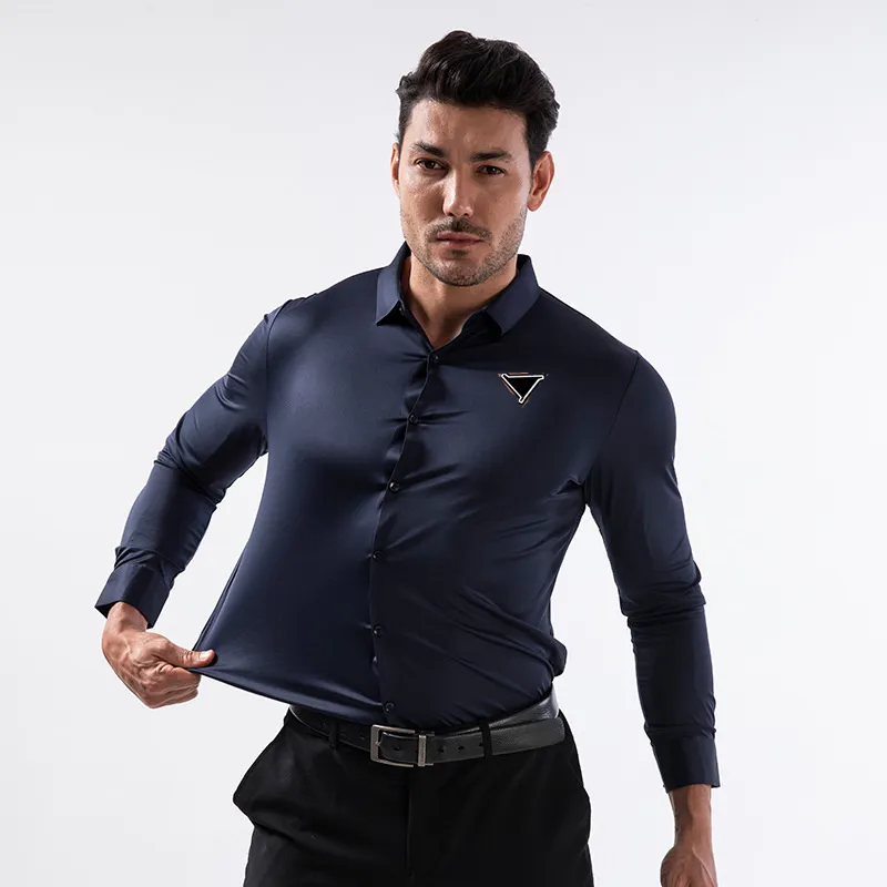 mens designer silk dress shirts Men's Silk T-Shirt Luxury Button Down Silk Short Dress Shirt Navy Blue / L