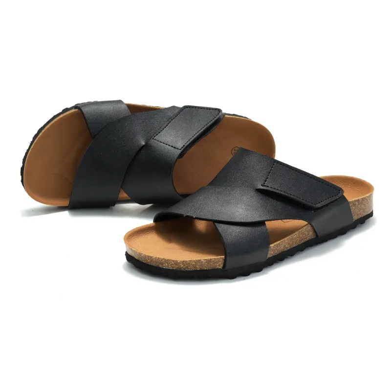 RUIZUSTOCK Luxury Slippers Cross Strap Hook And Loop Cork Footbed Slides Black Adjustable Open Toe Sandals_voghion.com