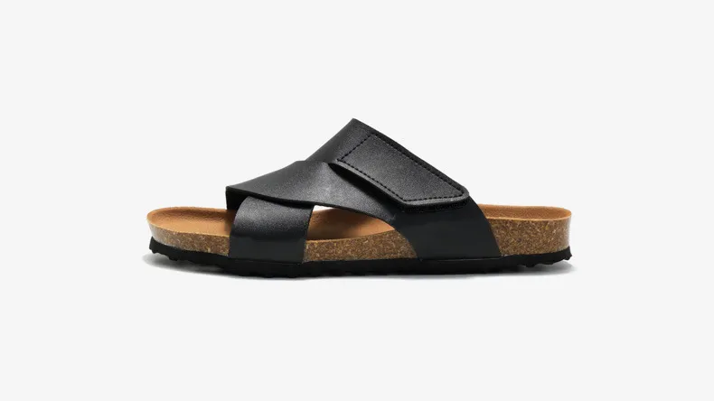 Luxury Cork Footbed Slides Cross Strap Adjustable Sandals Black_voghion.com