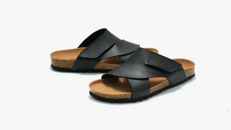 Luxury Cork Footbed Slides Cross Strap Adjustable Sandals Black_voghion.com