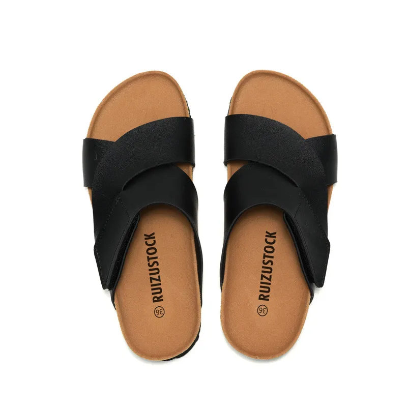 RUIZUSTOCK Luxury Slippers Cross Strap Hook And Loop Cork Footbed Slides Black Adjustable Open Toe Sandals_voghion.com