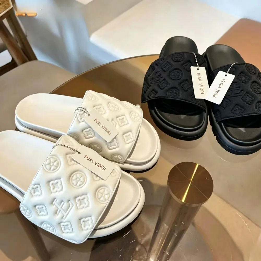 Summer New Thick Soled Slippers For Outdoor Wear Platform Embossed Versatile One Word Magic Tape Sandals Big Size_voghion.com