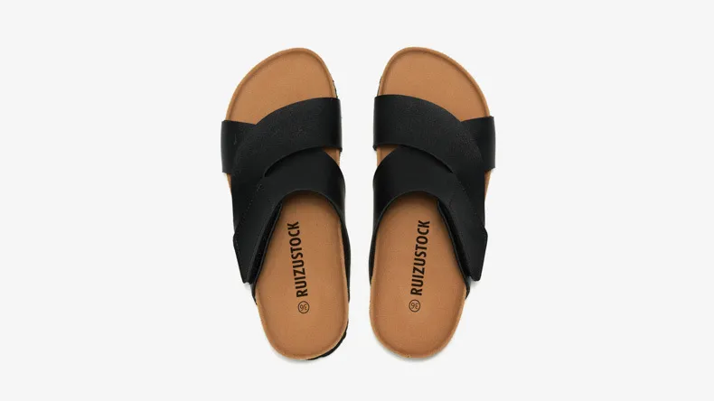 Luxury Cork Footbed Slides Cross Strap Adjustable Sandals Black_voghion.com