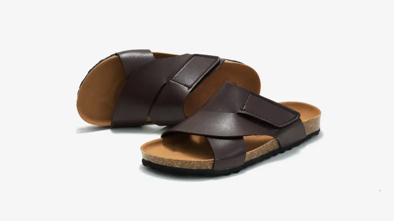 Luxury Cork Footbed Slides Cross Strap Adjustable Sandals Black_voghion.com