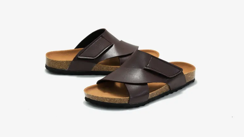 Luxury Cork Footbed Slides Cross Strap Adjustable Sandals Black_voghion.com